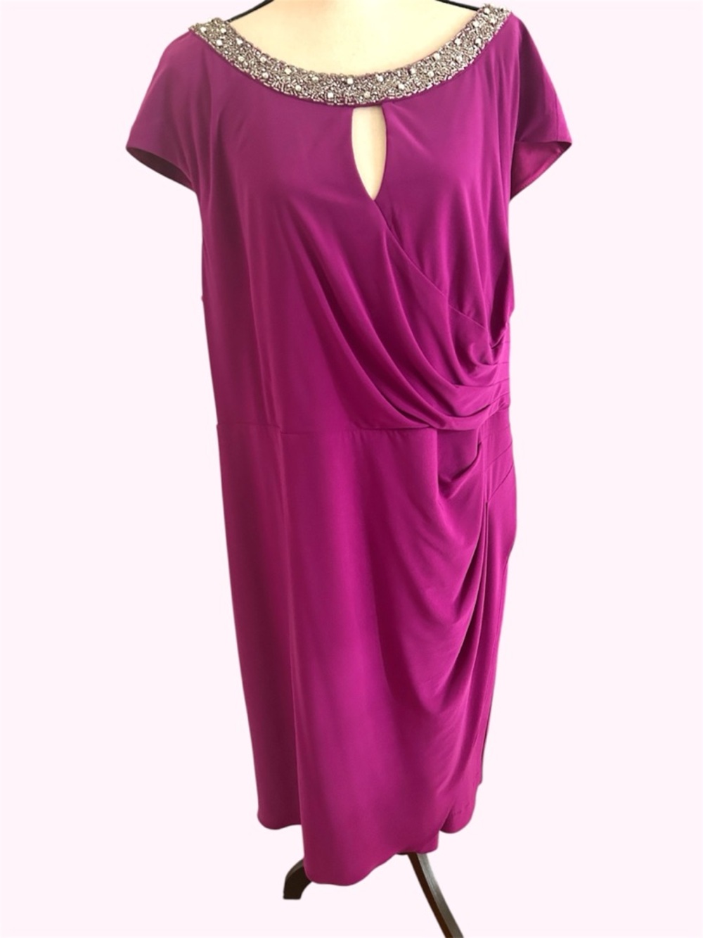 Alex Evenings Fuschia Pink Cocktail Dress | Crystal Neckline Details | 20W